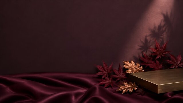 Minimalist product stand on draped maroon fabric with autumn leaves for seasonal promotion autumn background with copy space background ecommerce seasonal