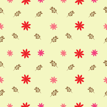 Cute Minimal Floral Seamless Pattern with Red and Pink Flowers on Cream Background