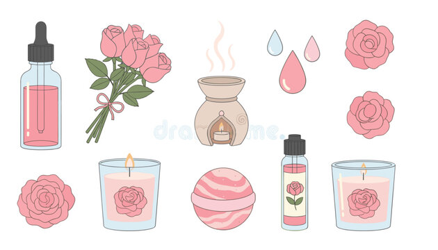 Aromatherapy spa elements collection including pink roses, essential oil bottles, candles, and a bath bomb in a soft artistic style.