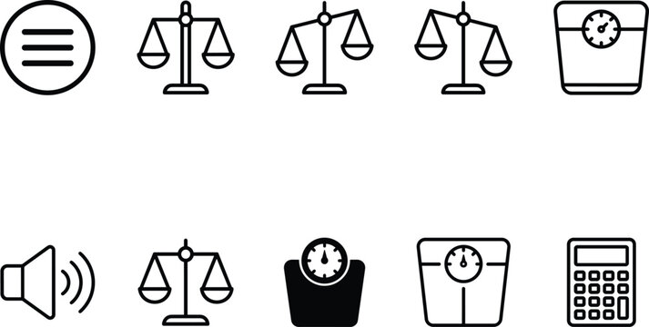 Scales and weight icon set vector illustration featuring justice balance weighing machine bathroom scale calculator menu speaker elements