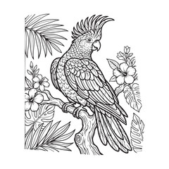Cockatoo Illustration With Tropical Foliage And Floral Elements © MOHAMMADKAUSHER