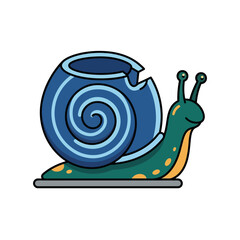 Cute cartoon snail with blue spiral shell isolated on white background.
