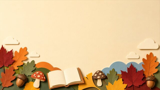 Handmade paper leaves and mushrooms border with open book for seasonal retail campaign autumn background with copy space paper craft fall leaves art