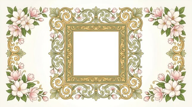 Ornate floral square frame with blooming magnolias, vintage ornate border design