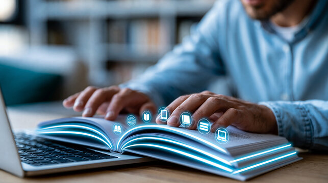 Defocused person in the background using a computer, glowing digital icons in foreground, e-learning concept, with copy space