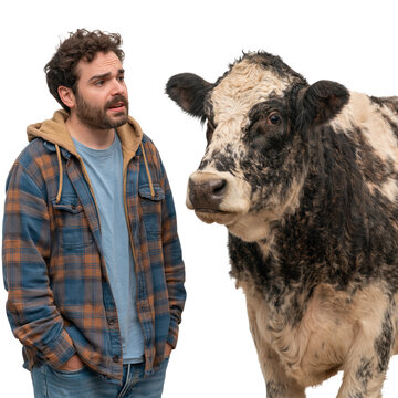 Confused Young Man Standing Next to a Cow isolated on transparent or white background, png