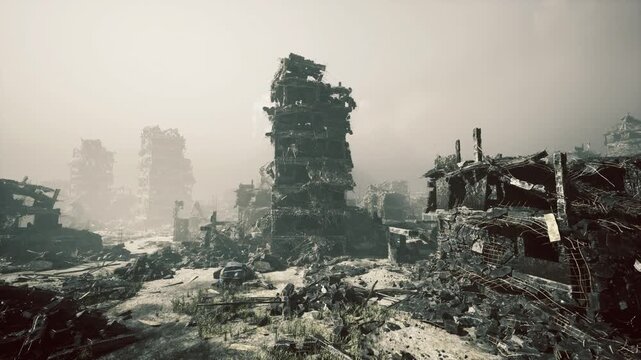 pale morning light on devastated landscape, fragile dawn reveals scattered rubble, remnants of buildings and silent streets dusted with ash, cold cinematic tone
