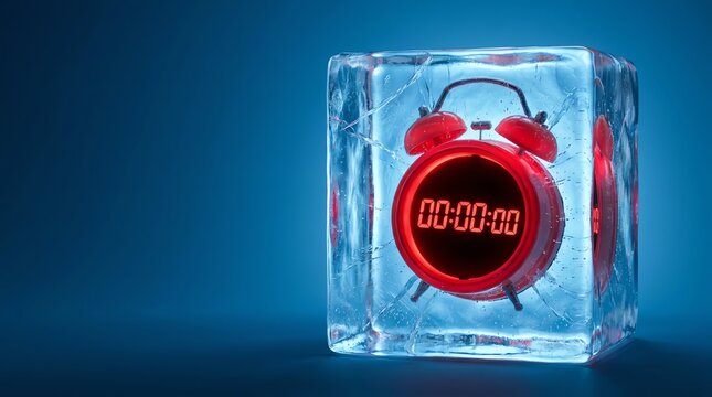 Frozen Alarm Clock in Ice Cube, Time Freeze Concept