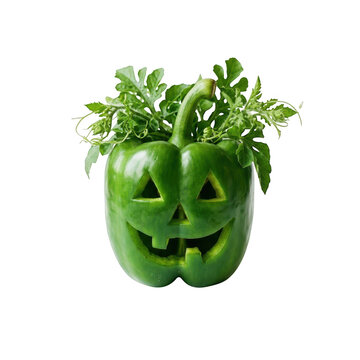Jackolantern carved from a green bell pepper with leafy greens isolated on transparent background