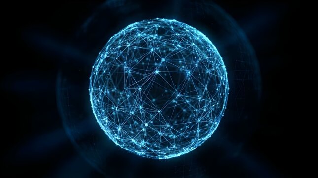 Digital plexus sphere with glowing nodes and connecting lines on dark background.