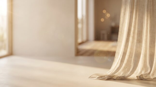 Luxury ambient lifestyle wallpaper: cinematic of a natural linen curtain in a sunlit warm room.
