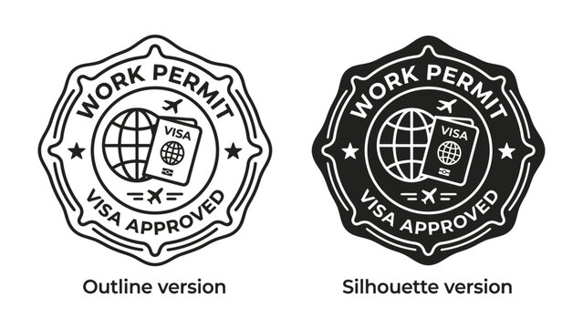 Work Permit Approved Stamp: Official insignia signifying approval for international employment, presented in both outline and silhouette formats for versatile application.