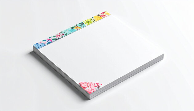 A stack of white square memo papers with colorful floral patterns on the top edge and bottom corner, set against a clean white background.