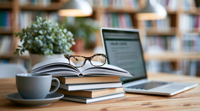 Defocused background of a library, focus on a laptop with an online course open, quiet study space, with copy space
