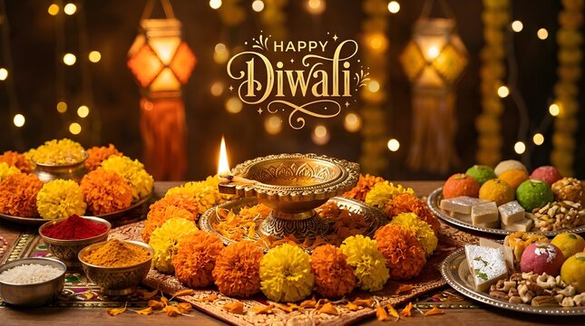 Festive diwali celebration traditional sweets flowers and diya lamp for a joyous diwali
