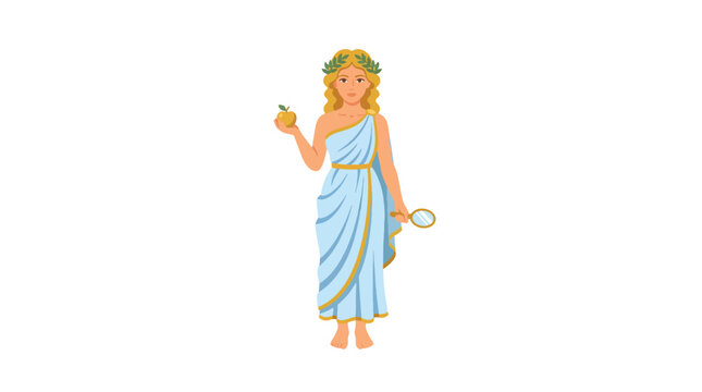 Ancient Greek goddess aphrodite depicted in a flowing blue chiton holding an apple and a laurel wreath