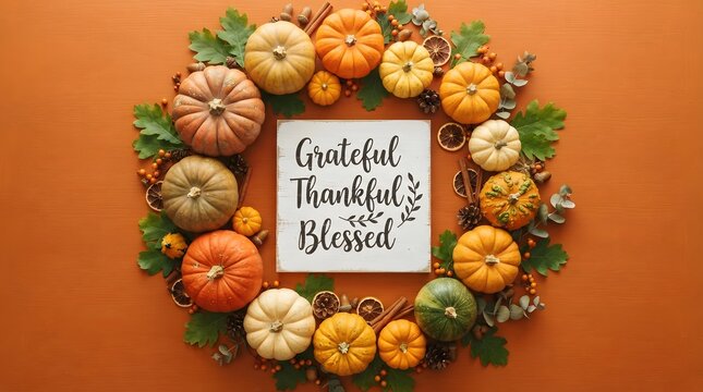 Festive thanksgiving background with pumpkins fall decor grateful thankful blessed