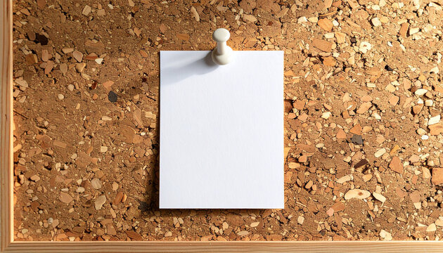 A blank white rectangular paper note pinned to a textured cork board with a light-colored pushpin.