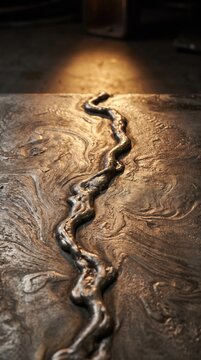 Molten metal weld seam on steel plate. Industrial welding texture with glowing liquid iron.