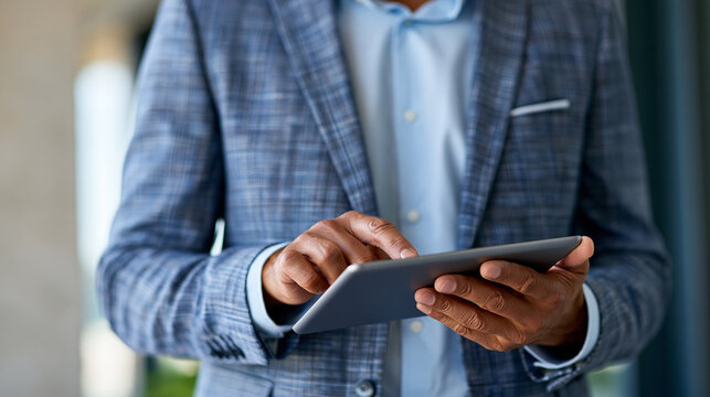 Man using AI-generated flashcards on a tablet, smart study tools, memory training technology, with copy space