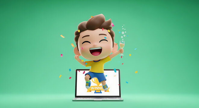 Happy cartoon boy jumping out of a computer screen