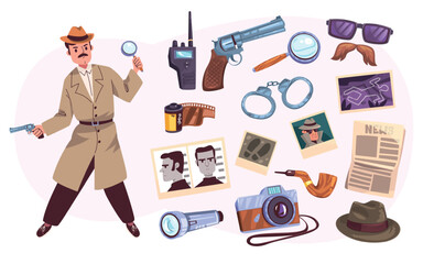 Detective equipment. Inspector investigator tools, crime investigation search evidence spy agent hat coat disguise camera gun cartoon isolated object set classy vector illustration