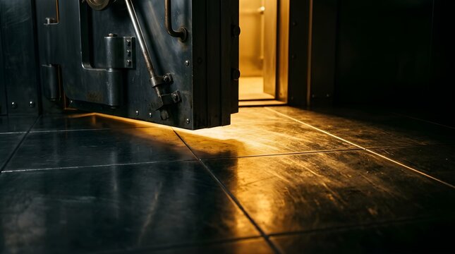 Heavy steel bank vault door slightly open with golden light illumination