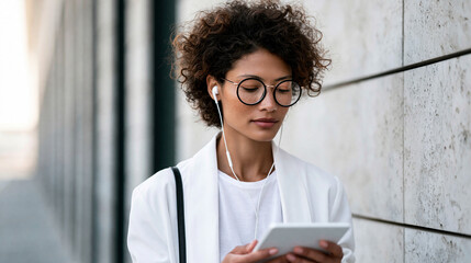 Obraz premium Woman wearing earbuds while reading course material on a tablet, self-paced online learning, with copy space