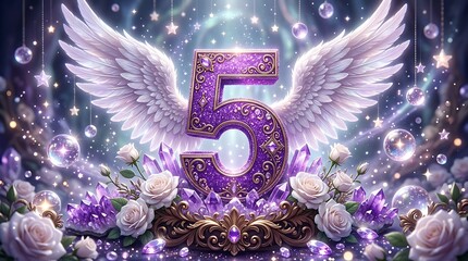 Obraz premium Fifth anniversary celebration with glowing number 5 and angel wings. Luxury milestone event decoration featuring illuminated golden numeral and flo...