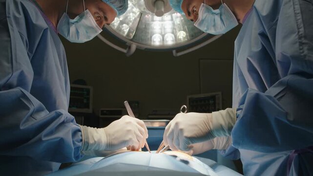 Surgeons performing operation in hospital. Medical team using surgical tools in theater.