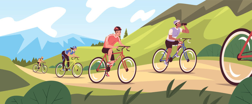 Bicycle race. Cyclist sport ride on bike mountain road athlete racer group competition peloton track rally fast motion championship biker bicycles tour classy vector illustration