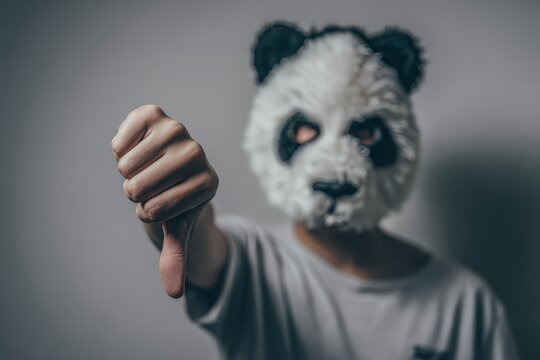 Masked panda figure expresses rejection with a negative thumbs-down pose
