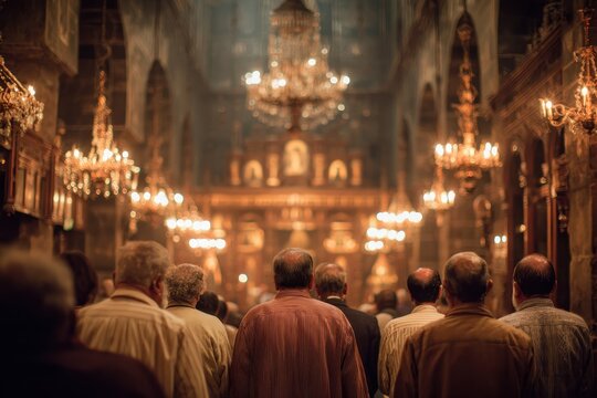 Mass prayer in a church interior: men in pews during liturgy with candlelight and ornate iconostasis
