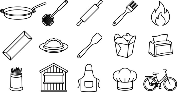 Asian dumpling food stall and traditional kitchen baking catering delivery vector icon set.
