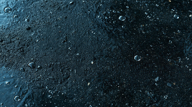 Wet asphalt after rain texture with water beads, dark graphite