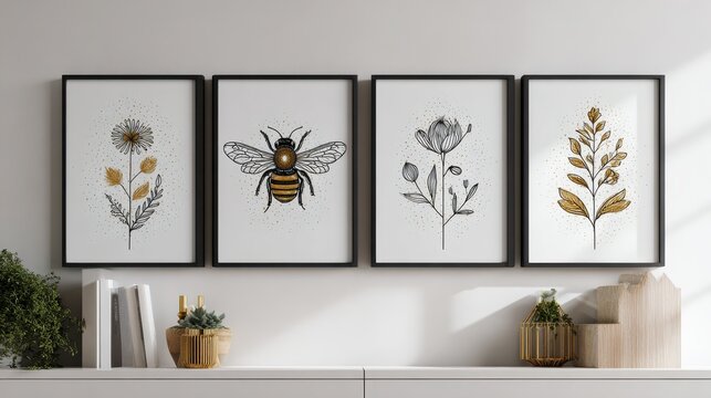 Minimalist black and gold bee and botanical posters for Scandinavian boho wall decor