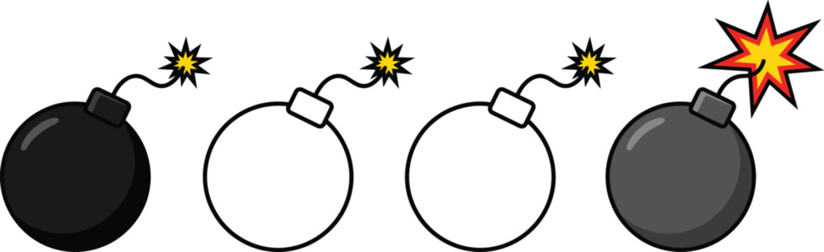 Bomb icon set with burning wick fuse and explosion sparks for game interface graphic outline cartoon vector collection