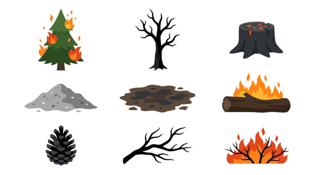 Wildfire icons set with burning trees and environmental damage