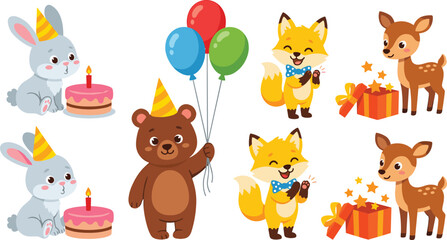 Obraz premium Cute Forest Animal Birthday Celebration Set with Rabbit Blowing Cake Bear Holding Balloons Fox Clapping and Deer with Magic Gift Box Vector Illustration