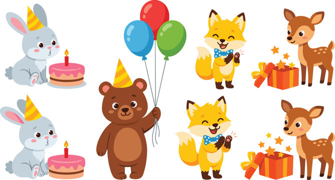 Cute Forest Animal Birthday Celebration Set with Rabbit Blowing Cake Bear Holding Balloons Fox Clapping and Deer with Magic Gift Box Vector Illustration