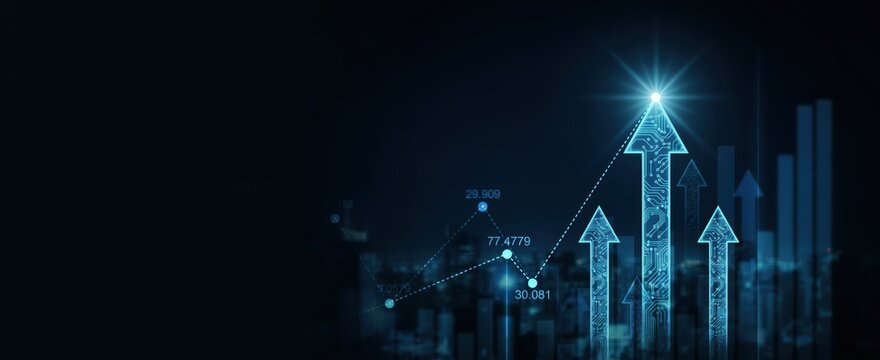 Financial growth graph with rising blue arrows and digital circuit patterns over dark city skyline background.