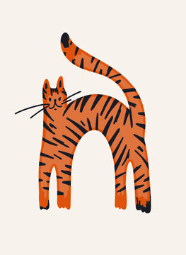 Illustrated Striped Cat with Arched Back Isolated