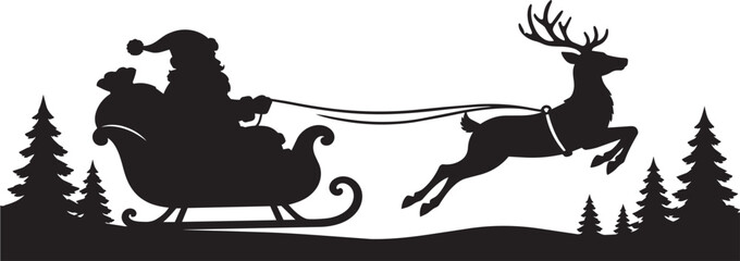 Naklejka premium Santa Claus sleigh silhouette with flying reindeer and pine trees isolated on white background for design