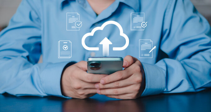 Cloud document management and secure file storage concept with approved digital records and upload icon. Representing cloud computing, data organization, workflow automation and compliance.