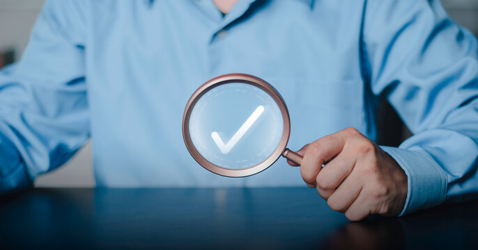 Compliance control, certification process, performance validation, audit workflow, corporate governance system. Business quality assurance and approval, iso. Businessman checkmark by magnifying glass