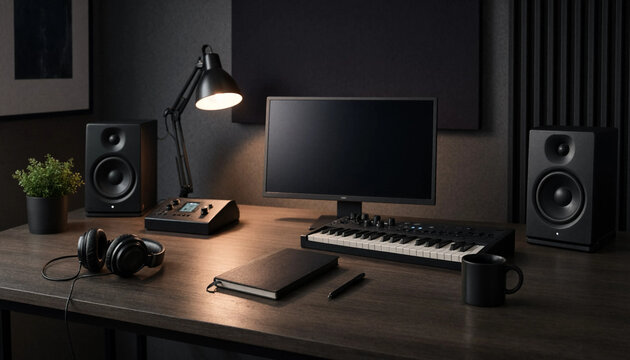 Music production studio desk with a computer monitor, midi keyboard, studio speakers, headphones, notebook, and a lamp on a dark wooden table