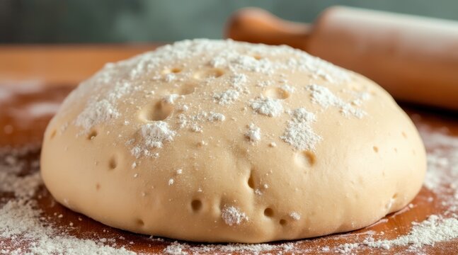 Fresh bread dough rising on wooden board with air bubbles close-up texture