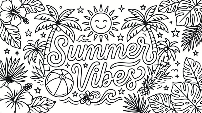 Summer vibes lettering with palm trees and tropical beach elements
