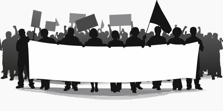Crowd Holding Protest Banner Illustration Grayscale Silhouette Against White Background