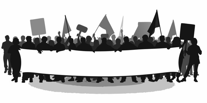 Protest banner with crowd silhouette illustration grayscale and white background